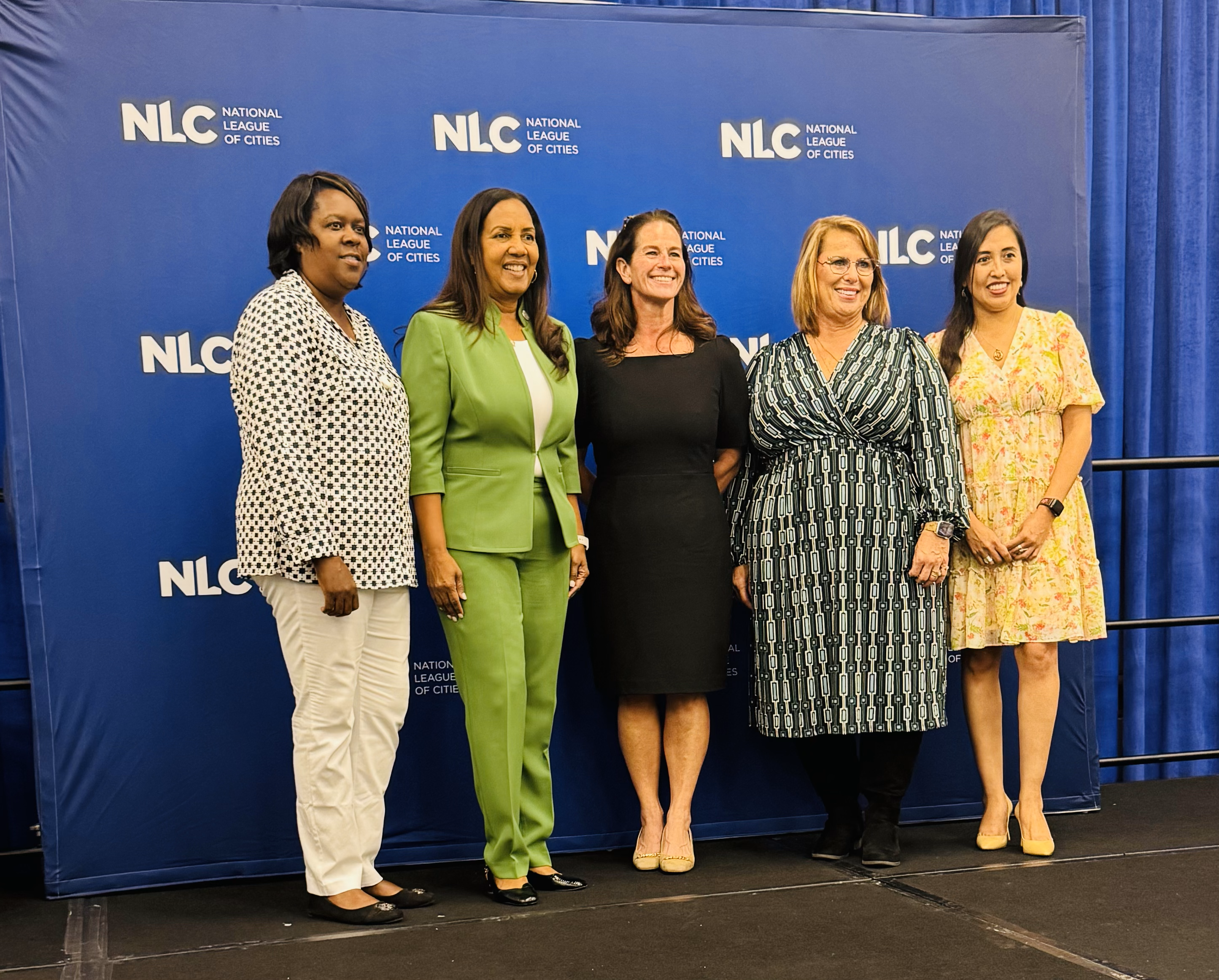 From left to right: Chrelle Booker (2023 WIMG President, Former Mayor Pro Tempore of Tryon, NC), Yvette Colbourne (2024 WIMG President, Commissioner of Miramar, FL), Amy Shuler Goodwin (2025 WIMG 2nd VP, Mayor of Charleston, WV), Lisa Ford (2025 WIMG 1st VP, Councilor of Broken Arrow, AZ), Dr. Adriana Rocha Garcia (2025 WIMG President, Councilmember of San Antonio, TX)  